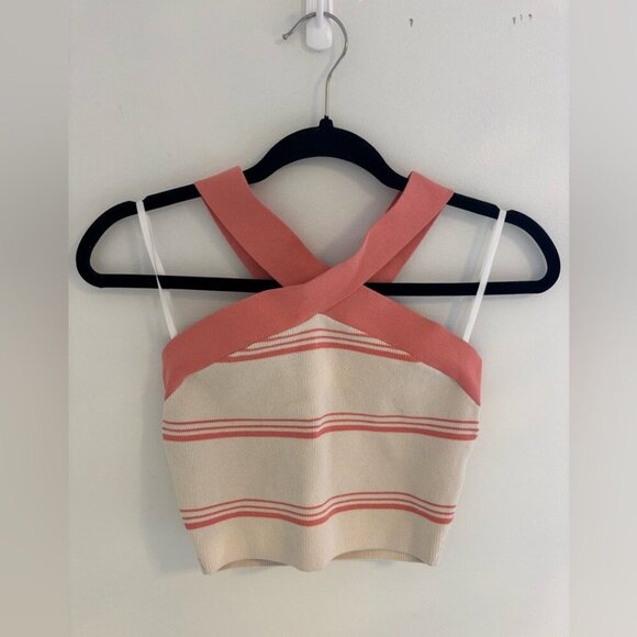 Aritzia Babaton Stripe Sculpt Knit Criss Cross Crop Top NWOT - Picture 2 of 7